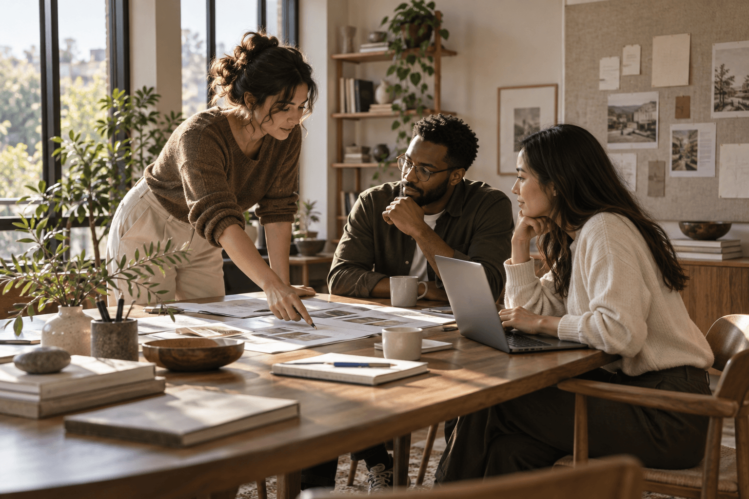 A creative team planning a project together around a walnut table