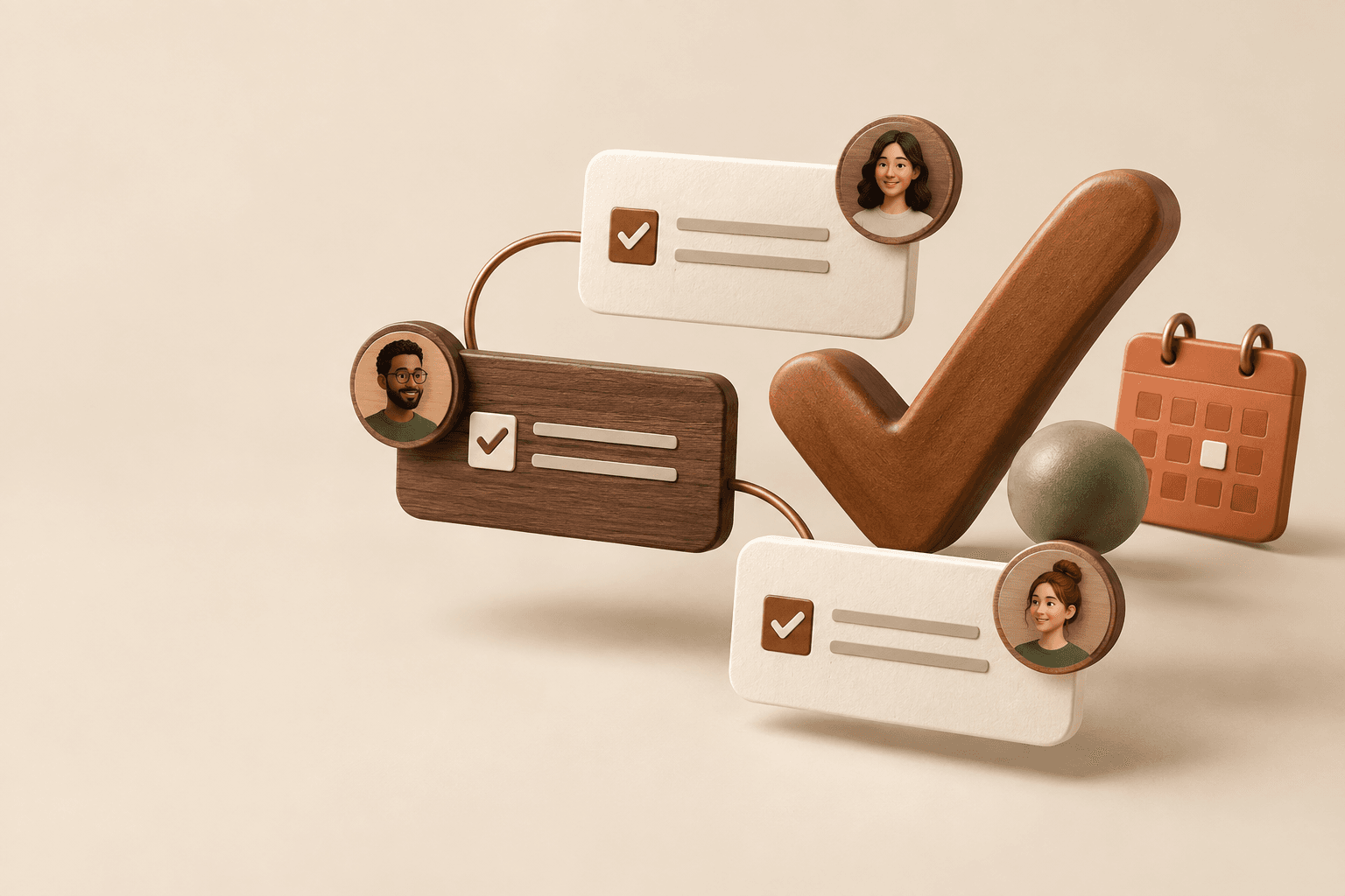 Connected walnut and ivory task cards, a calendar, and a completed checkmark